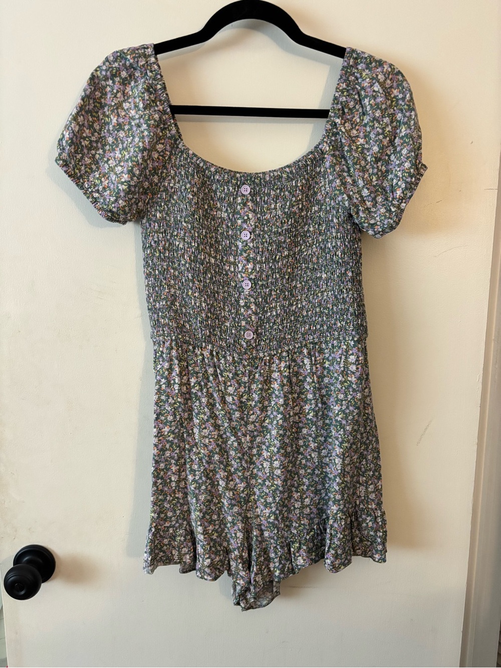 Girls Floral Puff Sleeve Romper with Rouched Top with Buttons size 14/16
